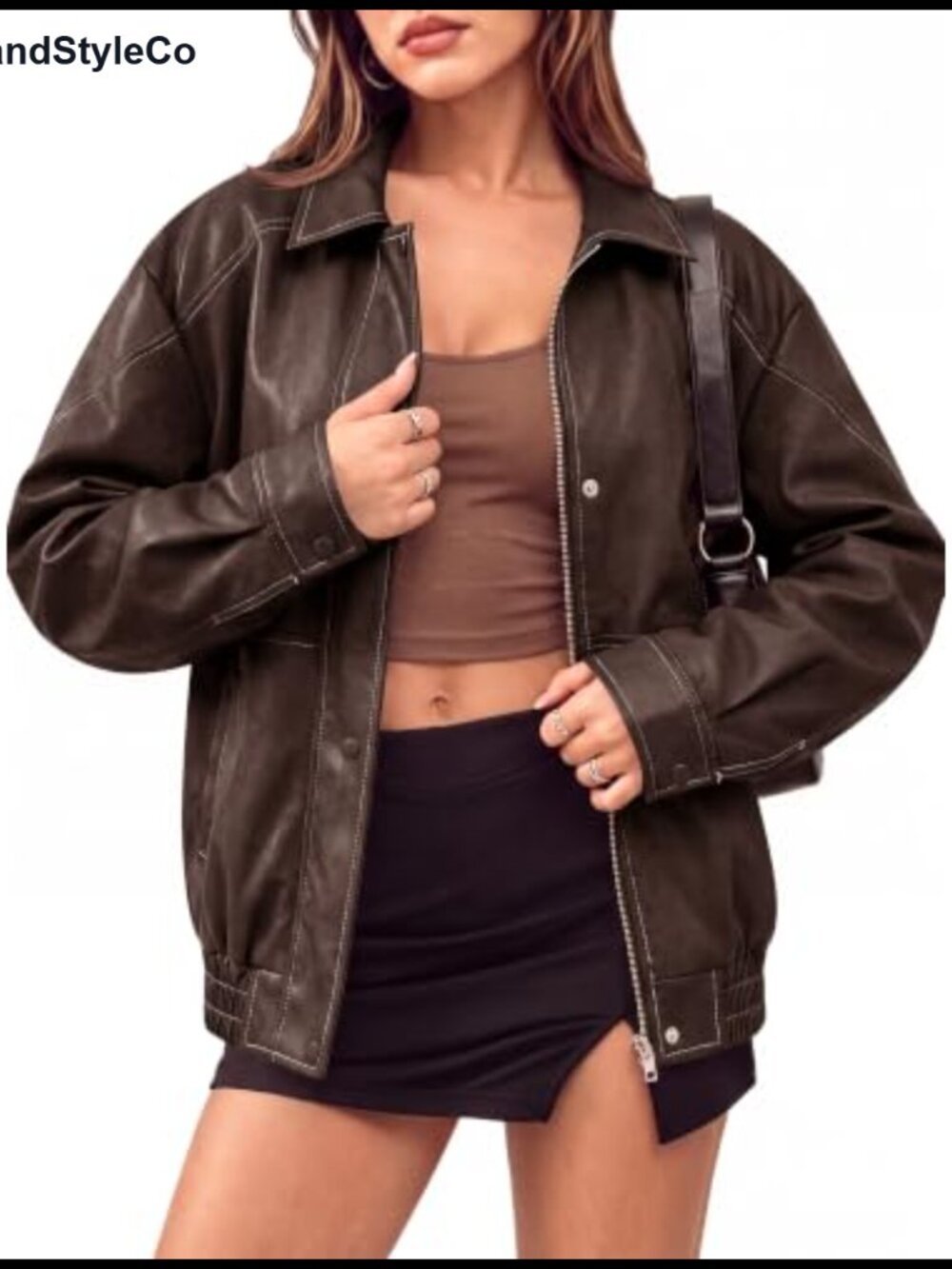 Oversized Distressed Textured Faux Leather Bomber Jacket Women's